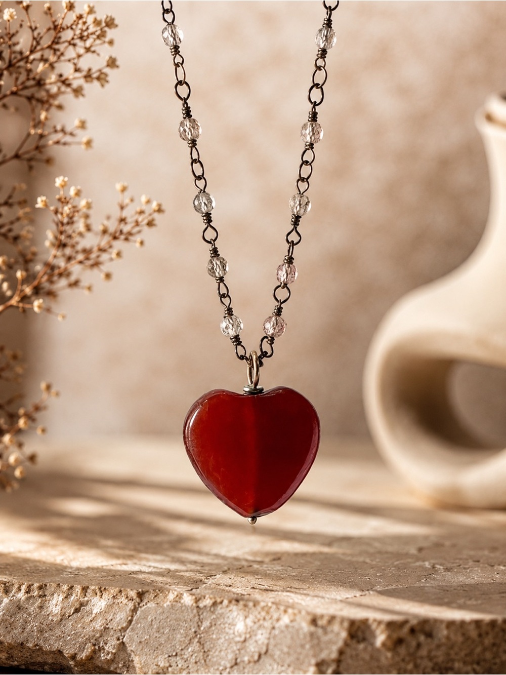 Handmade Carnelian and Rose Quartz Gunmetal Necklace -18 inches